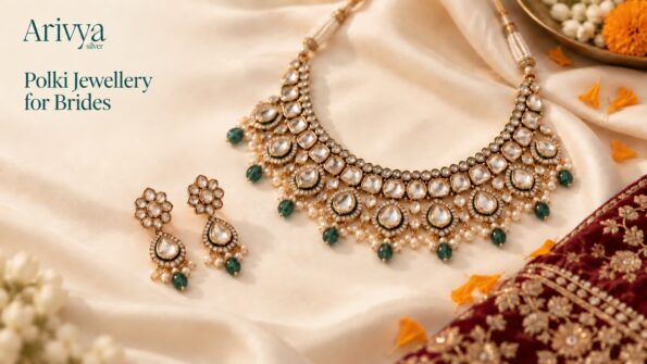 Ariwya Silver Polki jewellery set with bridal necklace and matching earrings in green and pearl detailing