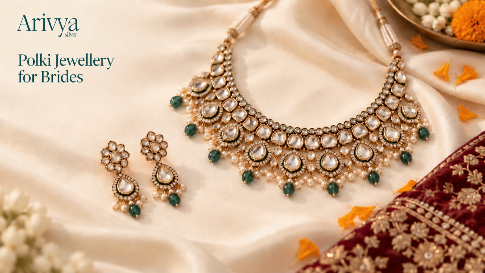 Ariwya Silver Polki jewellery set with bridal necklace and matching earrings in green and pearl detailing
