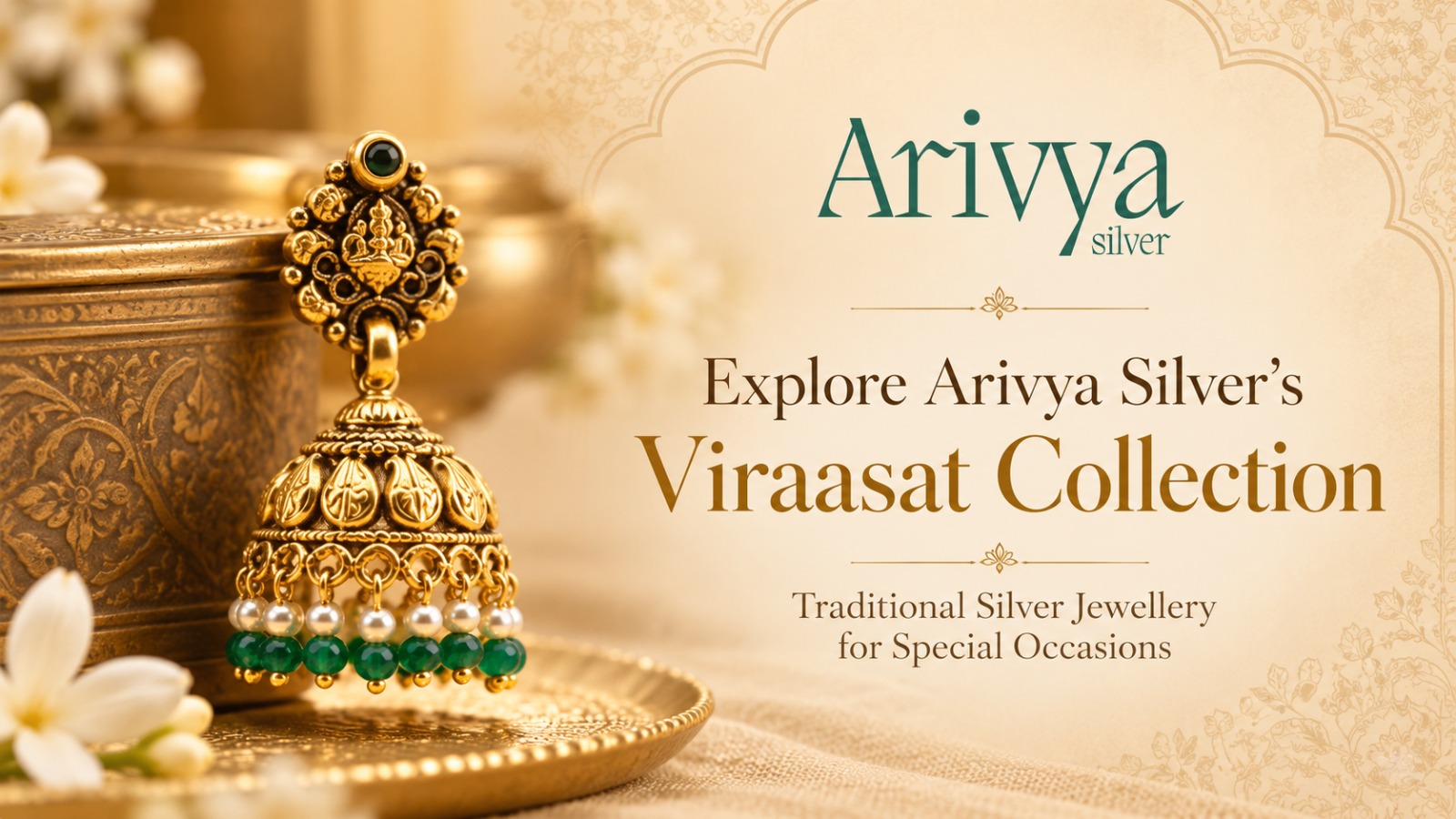 Arivya Silver Viraasat Collection featuring traditional jhumka earrings with green beads