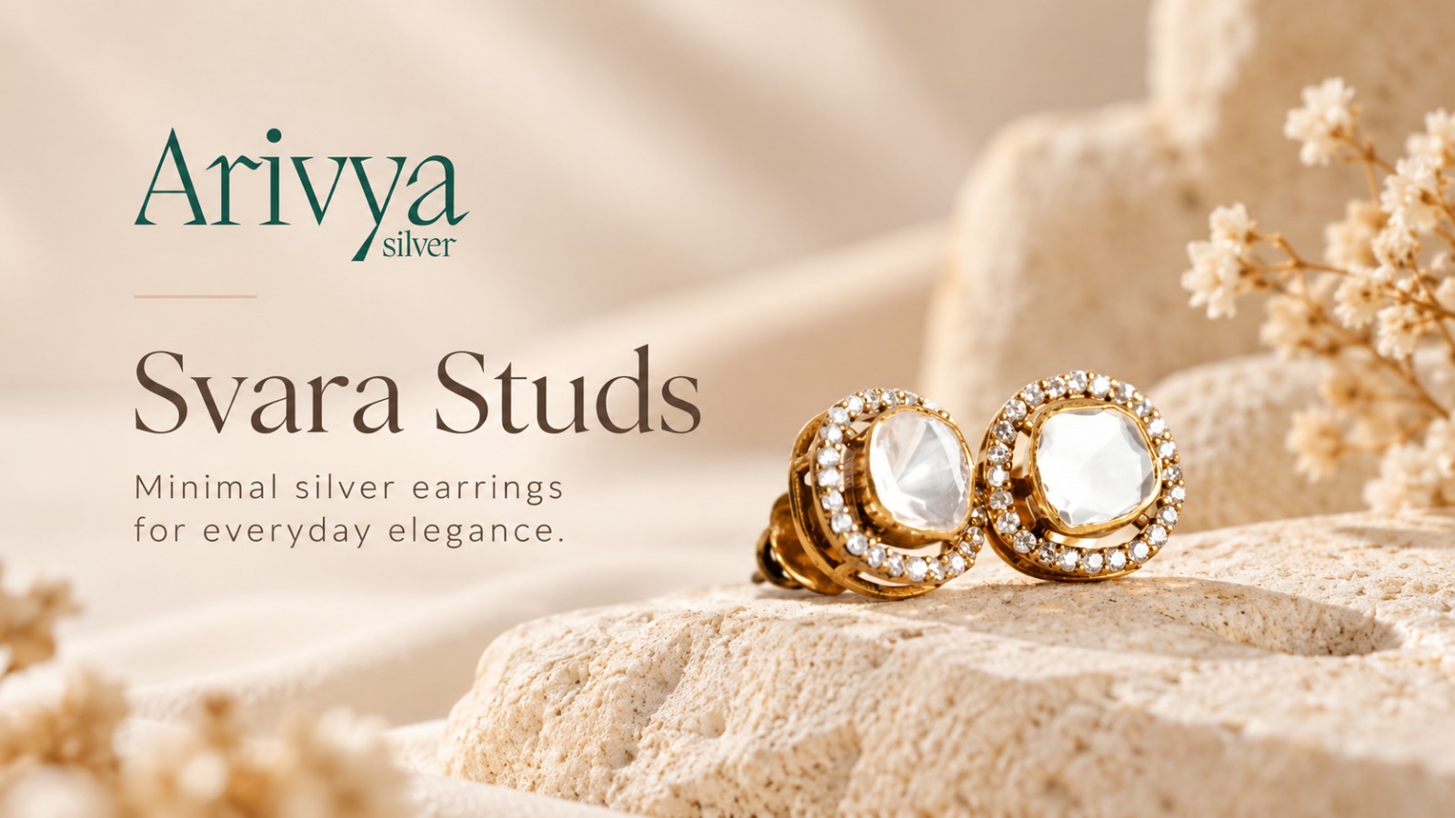 Svara Studs by Arivya Silver featuring white stones and sparkling accents for everyday elegance.